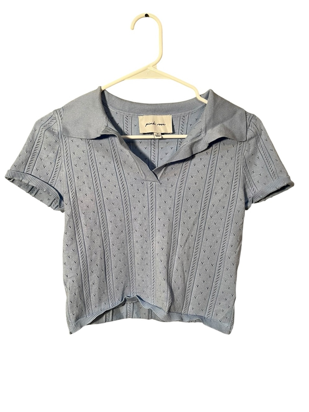 Pink Rose Women’s Size Medium Split Neck Polo Shirt Light Blue Pointelle Short